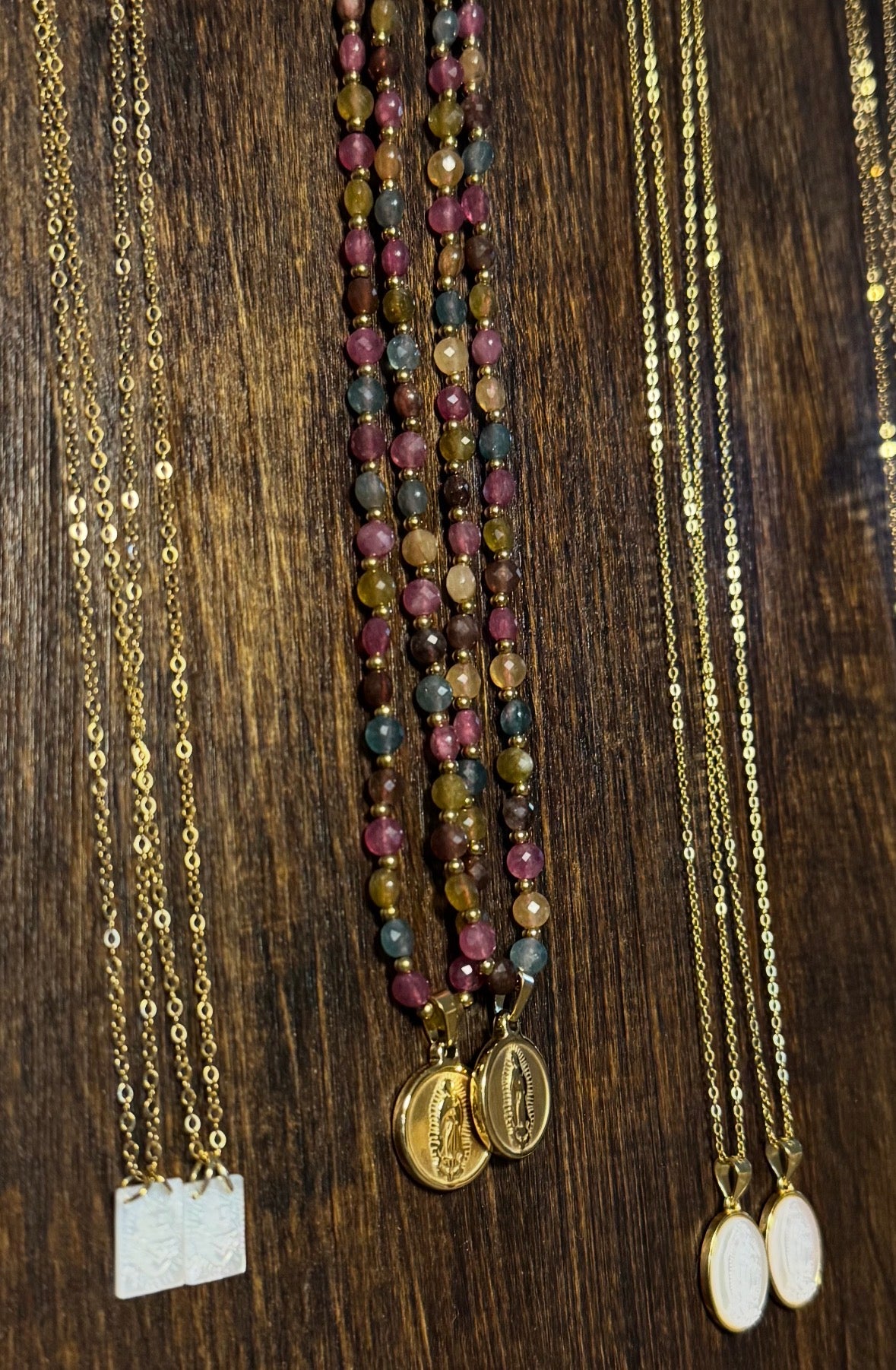 gold plated titanium steel Our Lady of Guadalupe pendant on beaded Catholic necklace